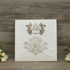 Foil Printing Wedding Invitation with Buckle and Lace Decoration Half Fold Card Elegant Invitation 